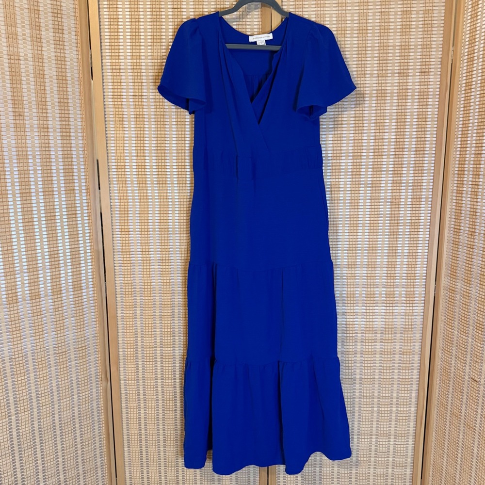 Monteau Los Angeles Royal Blue Tiered Maxi Dress Flutter Sleeve V-Neck Size S